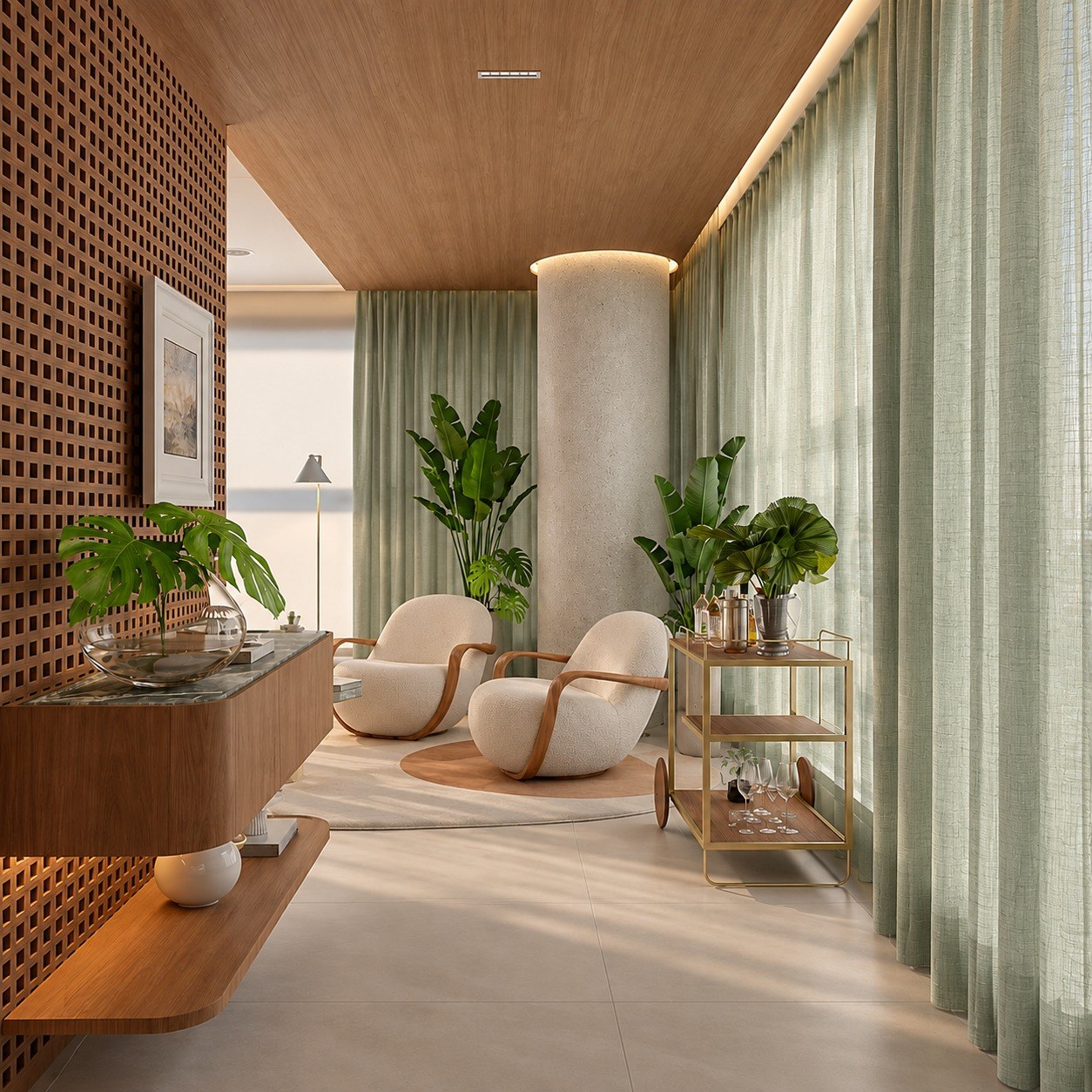 Sala de estar com cortinas sob medida e luz natural